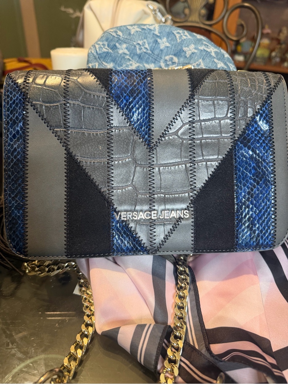 Versace Jeans Collection Black & Blue Patchwork Chain Crossbody
